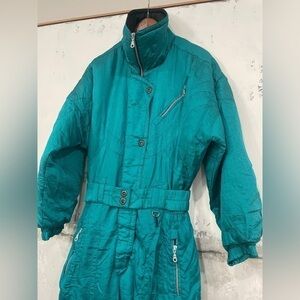 Vintage Edge Metallic Teal One Piece Ski Suit Snowsuit Women’s Small 80s 90s